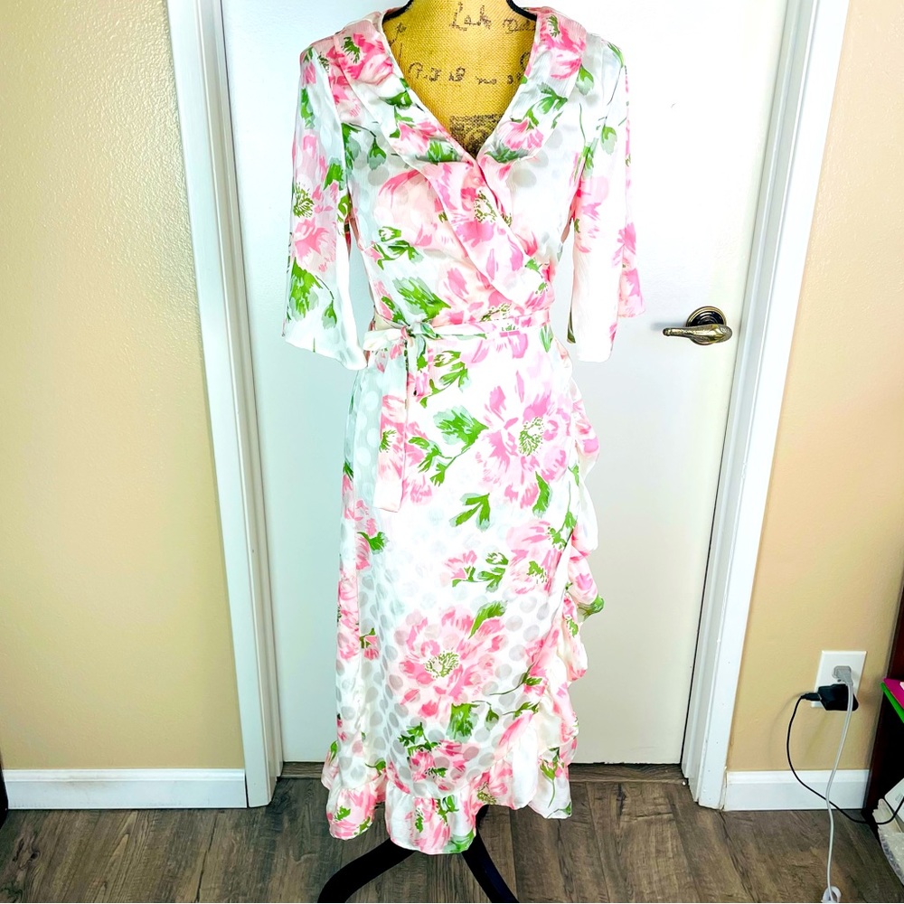 Code x Mode Pink Wrap Floral Dress Flared Medium Size Festive Party, Tie…